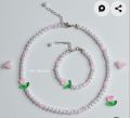new elegant bracelet with Pink tulip flower Charm, trendy latest Crystal pearl beaded Bracelet Handmade, Elegant Pink Crystal latest cute charm Jewelry, Handcrafted stylish Crystal Bracelet, Pink beautiful Bracelet, affordable pink lover Fashion Bracelet. 