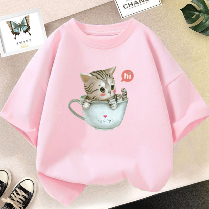 Cute Cat T-shirt in Cup Summer Short Sleeve Casual Tees Girls Top