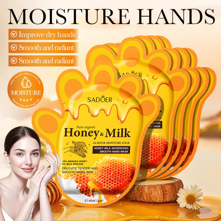 5 Pairs SADOER Honey Milk Hand Mask 24Hour Moisture Lock Hand Care Gloves Nourish Dry Hands Soften Cutin And Smooth Skin