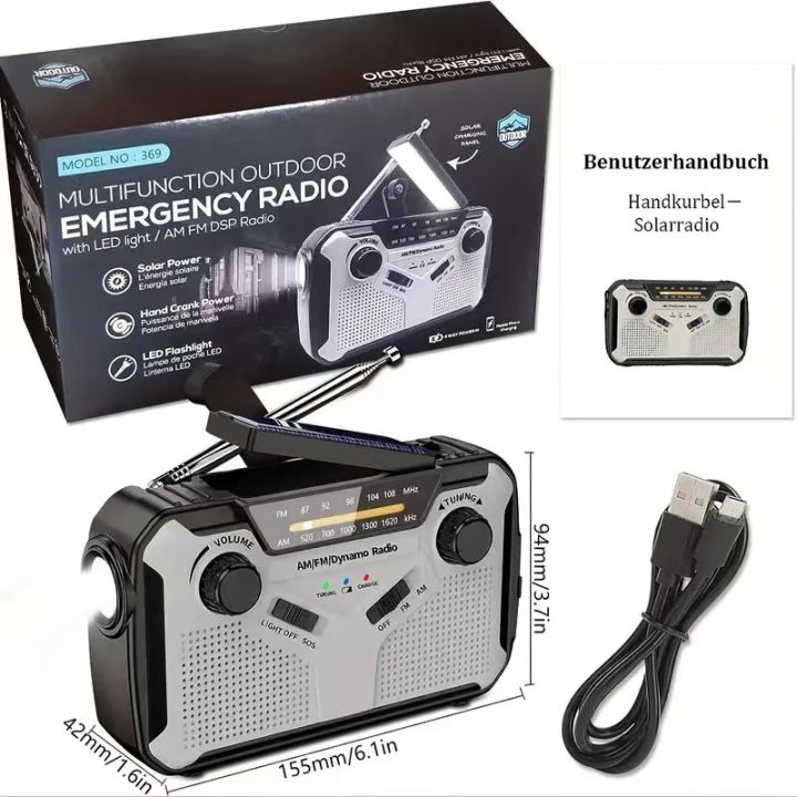 Radio Di Emergenza Qoosea Con Pannello Solare, Dinamo, Batteria 4000 MAh E Sveglia SOS – AM/FM/WB, Torcia E Ricarica USB Per Campeggio E Avventure