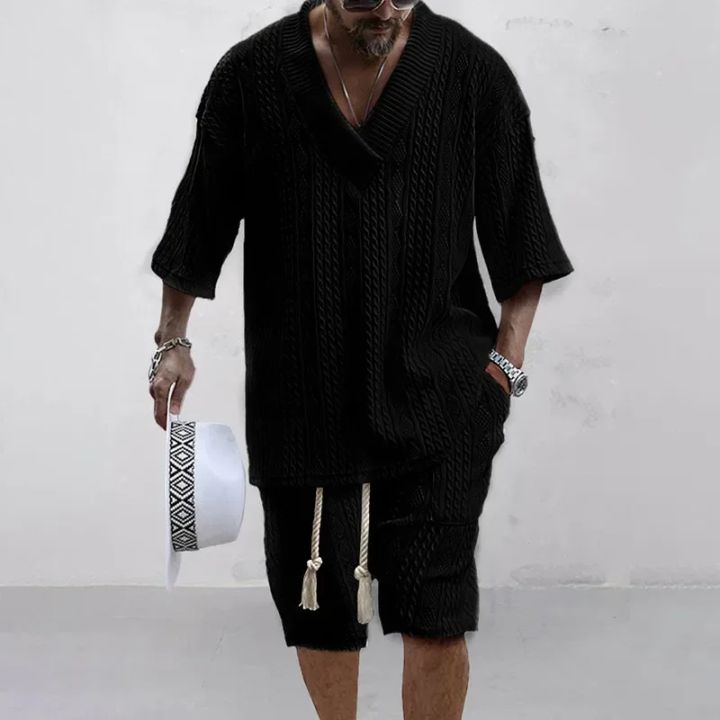 Men%20Shorts%20Set%20Summer%20Casual%20Knitted%20Two%20Piece%20Men's%20Clothing%20V-Neck%20Short%20Sleeve%20T-shirt%20and%20Shorts%20Streetwear%20Knit%20Outfits%20-%20Image%205