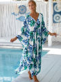Women's Plus Size Animal Print V-Neck Batwing Kaftan Beach Dress Bathing Suit Cover-Up Loungewear. 