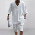 Men Shorts Set Summer Casual Knitted Two Piece Men's Clothing V-Neck Short Sleeve T-shirt and Shorts Streetwear Knit Outfits. 