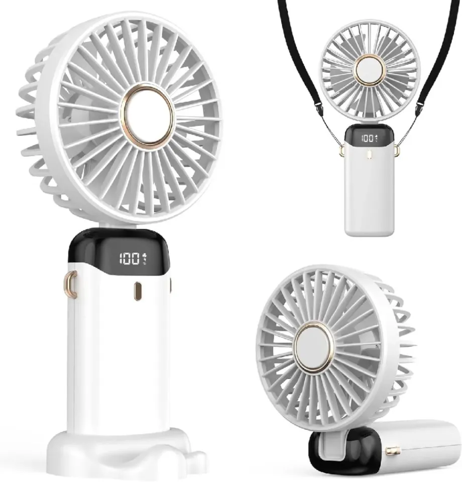 Portable Handheld Mini Fan: 3000mAh Rechargeable, 5 Speed, Digital Display & Foldable Neck Design