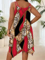 Plus-size women's fashion asymmetrical geometric stripes printed double strap dress.