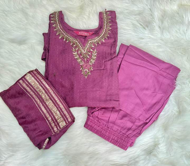 Light Purple Design Kurtha Surwal With Shawl | Daraz.com.np