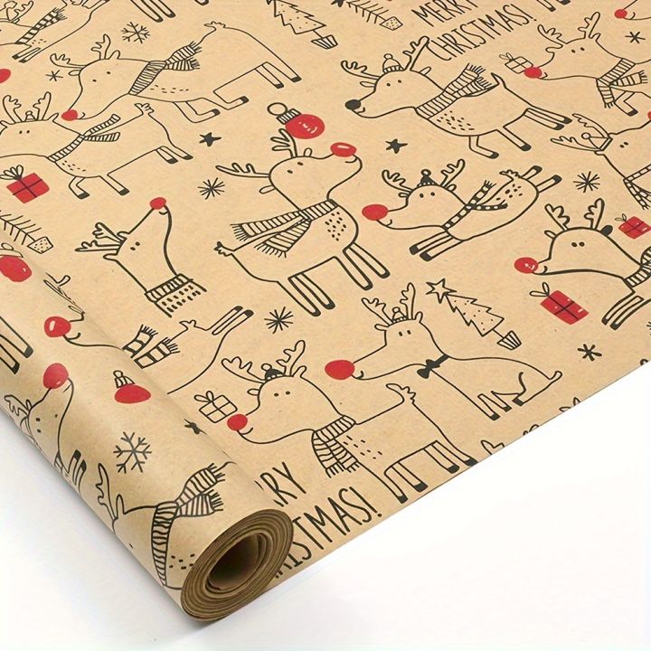 1 Roll Christmas Wrapping Paper - Cute Deer Design, Planners And Brokers, Suitable for Presents, Handmade Gifts, Gift Wrapping