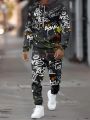 The New Men's Hoodie Set for Spring and Autumn 2025 Features a Casual Fashionable and Comfortable 3D Graffiti Pattern Print. 