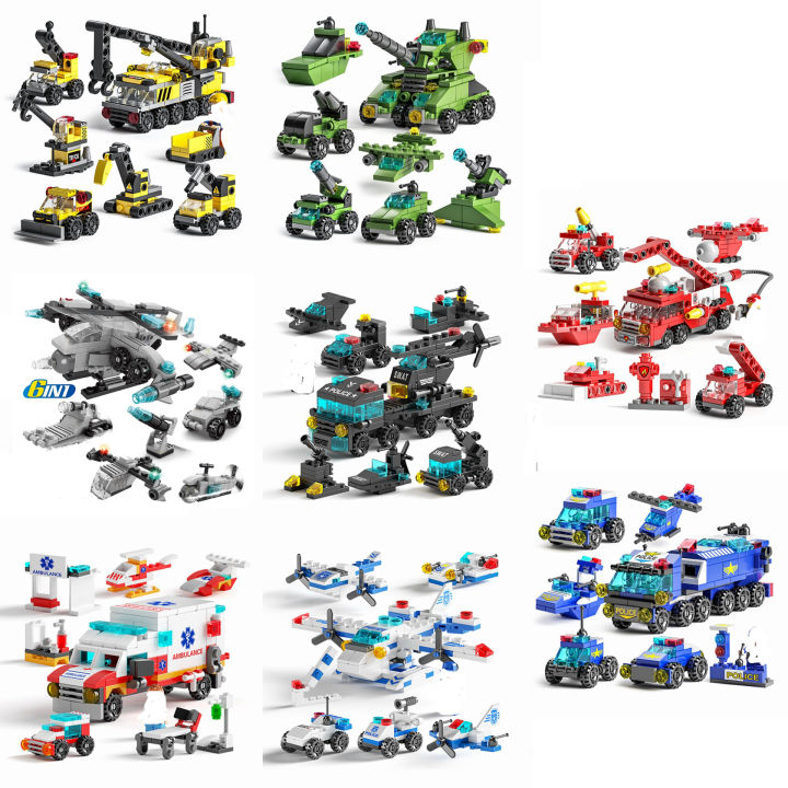 Mini size 6 In 1 Building Blocks DIY Police Car Fire Truck Castle Model Bricks Kids Educational Toys s