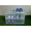 Clear shoe box, open storage box, front lid with 2 sizes. 