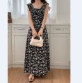 Chic Korean Clothes Design Autumn Women Sleeveless Japan Girls Cute Floral Printed Retro Vintage Date Black Long Maxi Dress. 