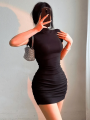 Sexy Tight Half High Collar Pleated Waist Mini Dress Spicy Girls Slim Dresses Bodycon Women Vestidos Cortos Party Mujer Clothing. 