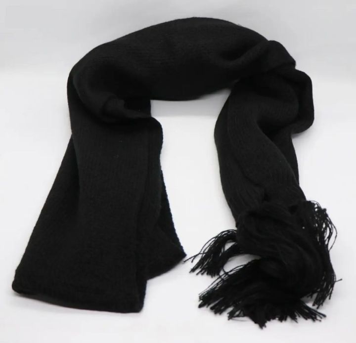 Solid Black and White Wool Blend Muffler with Watermark Design Soft Warm Scarf