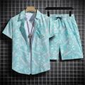 Hawaiian Beach Shirt Ensemble Men's Baggy Short-Sleeved Combo for Hainan Travel Vacation Cartoon Half-Sleeved Floral Shirt Tops. 