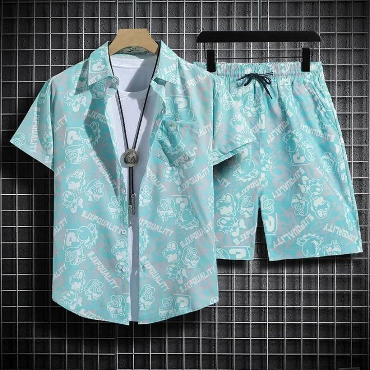 Hawaiian%20Beach%20Shirt%20Ensemble%20Men's%20Baggy%20Short-Sleeved%20Combo%20for%20Hainan%20Travel%20Vacation%20Cartoon%20Half-Sleeved%20Floral%20Shirt%20Tops%20-%20Image%203