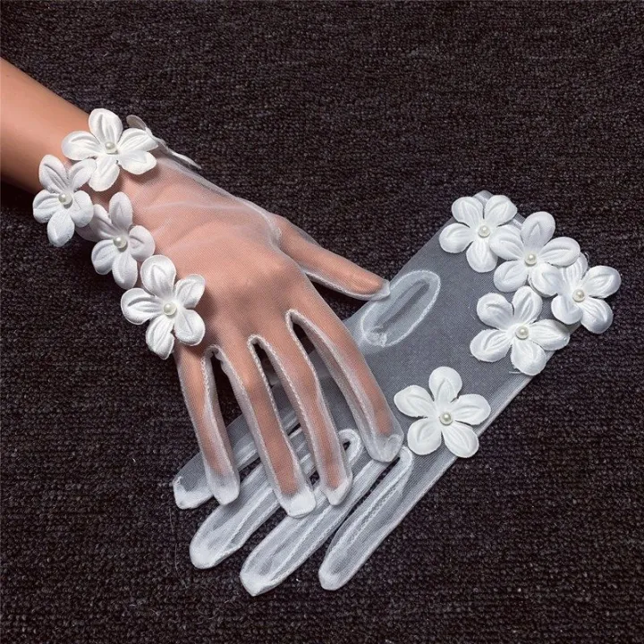 Korean%20Simple%20Short%20White%20Transparent%20Mesh%20Flower%20Pearl%20Wedding%20Dresses%20Gloves%20For%20Bride%20Evening%20Parties%20etiquette%20Accessories%20-%20Image%203