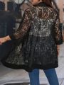 Plus Size Lace Jacket for Women Black Floral Pattern Casual Style Medium Stretch Fabric All Seasons Floral Pattern Cardigan.