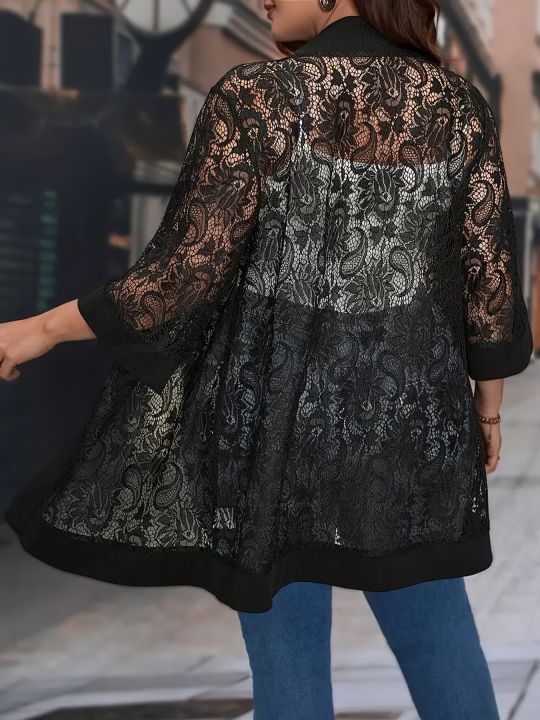 Plus%20Size%20Lace%20Jacket%20for%20Women%20Black%20Floral%20Pattern%20Casual%20Style%20Medium%20Stretch%20Fabric%20All%20Seasons%20Floral%20Pattern%20Cardigan%20-%20Image%202