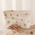 Cherry Printed Corduroy Makeup Bag, Lightweight Zipper Makeup Storage Box, Multifunctional Bag with Lining.