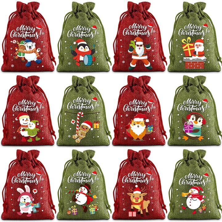 2025 Christmas Burlap Drawstring Candy Bag Santa Gift Bag Christmas Decoration for Present Bag Halloween Christmas New Year