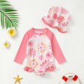 Baby Girl Summer Cute Flower Long Sleeve Onesie Swimsuit with Sun Hat Infant Swimming Suit with UV Protection. 