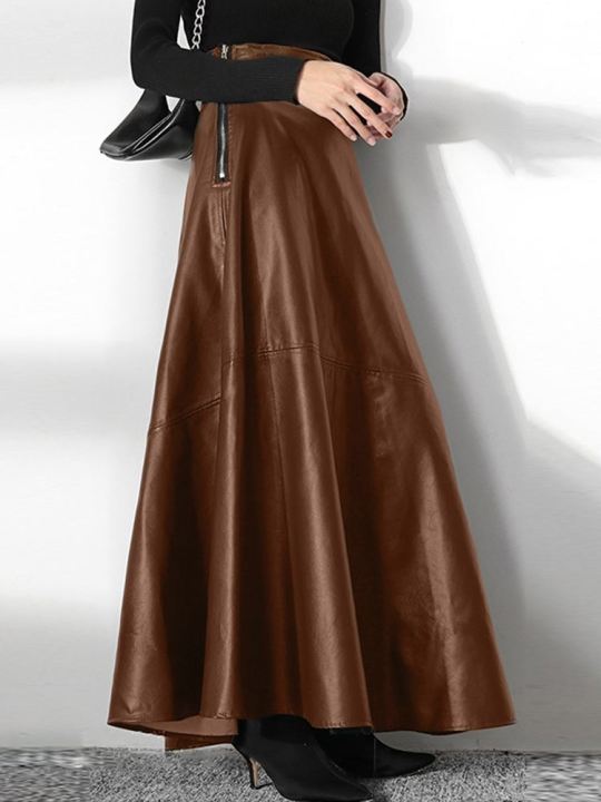 ZANZEA%20Women's%20PU%20Leather%20Maxi%20Skirt%202025%20Autumn%20Elegant%20OL%20Long%20Saias%20Fashion%20Solid%20Mujer%20Faldas%20Casual%20High%20Waist%20Zipper%20Jupe%20-%20Image%202