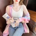 Turn-down Neck Long Sleeved Shirt And Blouses Gradient Rainbow Color See-through Thin Women Clothing Loose Top Shirt Casual New. 