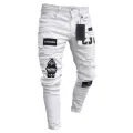 White Embroidery Skinny Ripped Jeans Men Cotton Stretchy Hole Slim Fit Hip Hop Denim Pants Casual Jeans for Men Jogging Trousers. 