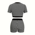 2 Piece Set Street Vintage Pleated Houndstooth Print For Women Short Sleeve Shirt Blouse and Shorts Suit INS Outfit Tracksuit. 
