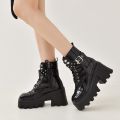 2024 Platform Thick Gothic Boots Lady Buckle Autumn Shoes Women Wedges Knee High Boots Punk Street Motorcycle Chain.