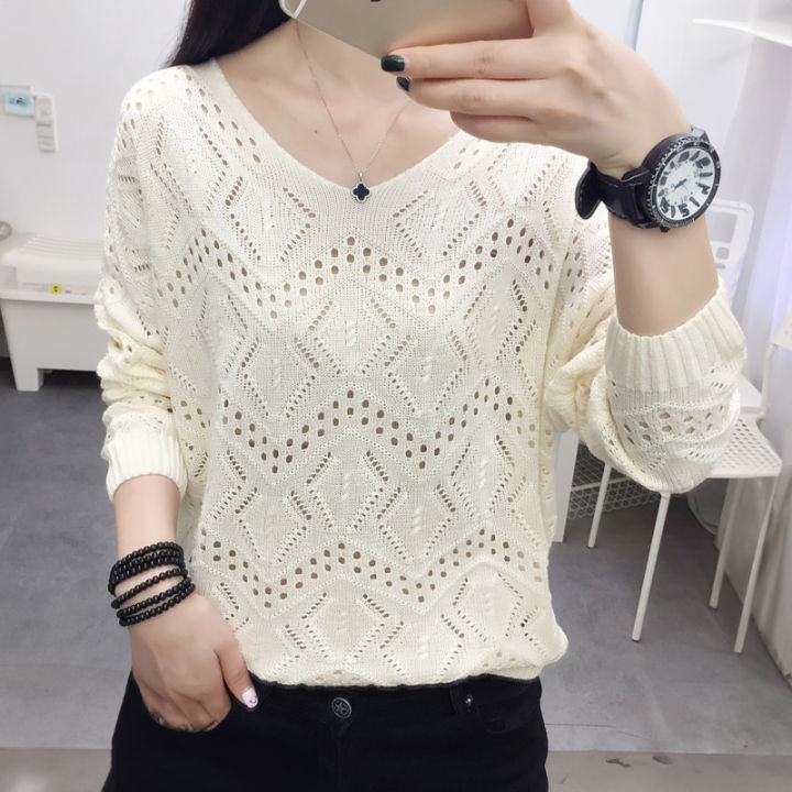 Pointelle Knit Top Long Sleeve Cropped Plain Pullover Women Jumper Knitwear Spring Summer Basic Outfit