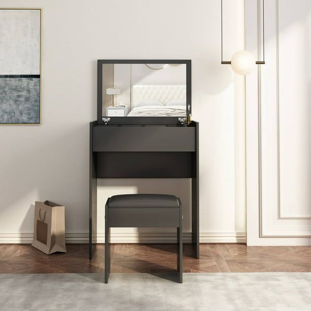 Vanity Dressing Table with Flip Top Mirror and Hidden Storage Box, Makeup Vanity Table Writing Desk with Cushioned Stool, Black/ white