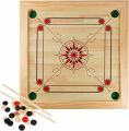 Wooden Carrom Board Game - Wooden Strike and Pocket Game Set with Group of Black and Beige Coins, 2 Red Queen Coins, Striker Coin, and Cue Sticks. 