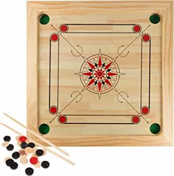 Wooden Carrom Board Game - Wooden Strike and Pocket Game Set with Group of Black and Beige Coins, 2 Red Queen Coins, Striker Coin, and Cue Sticks