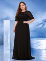 Plus Size Elegant Short Sleeves Sequin Formal Evening Dress Women Chiffon Black Mermaid Bridesmaid Party Maxi Prom. 