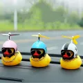 Small Yellow Duck Put A Helmet Sunglasses Propeller Duckling Car Cute Decoration. 