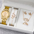6PCS/Set Women's Watch Fashion Rhinestone Stainless Steel Band Quartz Watch Double Heart Jewelry Set(Without Box).