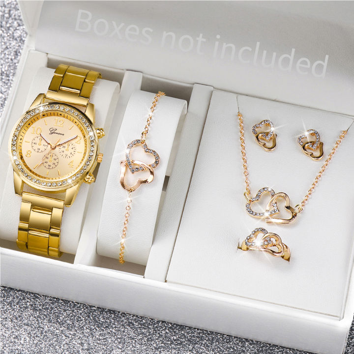 6PCS/Set%20Women's%20Watch%20Fashion%20Rhinestone%20Stainless%20Steel%20Band%20Quartz%20Watch%20Double%20Heart%20Jewelry%20Set(Without%20Box)%20-%20Image%202