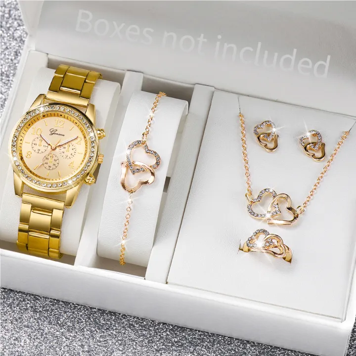 6PCS/Set%20Women's%20Watch%20Fashion%20Rhinestone%20Stainless%20Steel%20Band%20Quartz%20Watch%20Double%20Heart%20Jewelry%20Set(Without%20Box)%20-%20Image%202