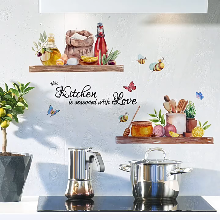 Removable Bee Butterfly Wall Sticker Beautiful Waterproof Self-adhesive English Kitchen Sticker English Kitchen Kitchen Decal Home Decor
