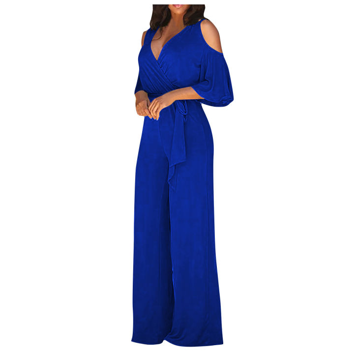 Jumpsuit%20Summer%20Pure%20Color%20Women%20Sexy%20Deep%20V%20Neck%20Short%20Sleeve%20Rompers%20Fashion%20Slim%20Fit%20Lace%20Up%20Elegant%20Female%20Wide%20Leg%20Jumpsuit%20-%20Image%202