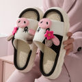 Cute Cow Thick Bottom Linen Slippers Women 2024 Winter Comfort Home Cotton Slippers Woman Flat Heels Non Slip Indoor Shoes Slide. 