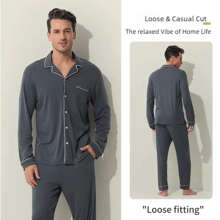 Men's%20Loose%20Fit%20Pajamas%20Set%20Soft%20Lyocell%20&%20Cotton%20Blend%20Breathable%20Sleepwear%20Cozy%20Home%20Loungewear%20Comfortable%20Pajamas%20-%20Image%203