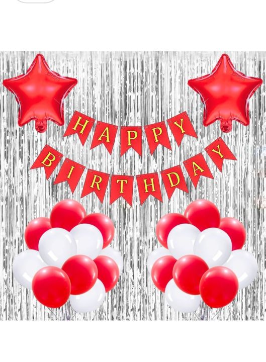 Birthday Decoration Items for Girls Boys with Red and White theme Metallic Balloons, Red Star Foil Balloons, Silver Foil Curtain, Red Banner