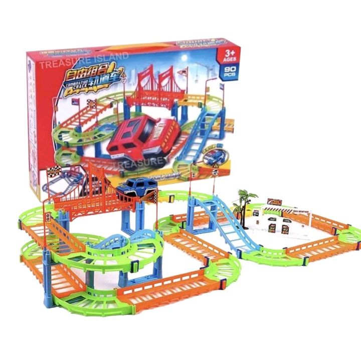 90 PCS Race Track Car Playset For Kids Electric Adventure Toy Vehicle 