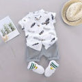 2PCS Baby Set Summer Cartoon Pocket Leather Label Random Printed Standing Neck Shirt Short Sleeve Shorts Set Christmas Gift ideas. 