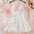 Lingerie Sleep Dress Women Nightdress Lace Sleepwear Solid Slim Soft V Neck Full Slip Dresses & Panties Set. 
