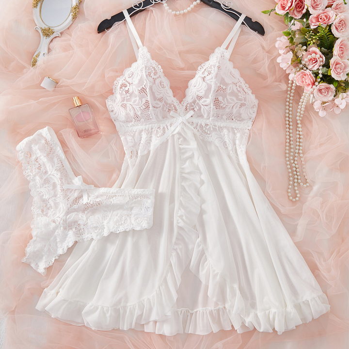 Lingerie%20Sleep%20Dress%20Women%20Nightdress%20Lace%20Sleepwear%20Solid%20Slim%20Soft%20V%20Neck%20Full%20Slip%20Dresses%20&%20Panties%20Set%20-%20Image%203