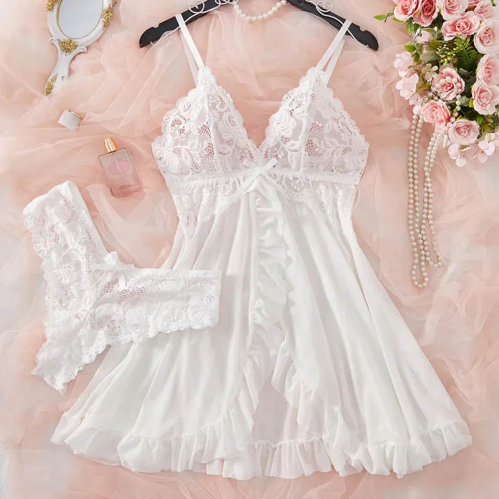 Lingerie%20Sleep%20Dress%20Women%20Nightdress%20Lace%20Sleepwear%20Solid%20Slim%20Soft%20V%20Neck%20Full%20Slip%20Dresses%20&%20Panties%20Set%20-%20Image%203