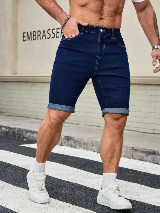 Men's%20Dark%20Blue%20Denim%20Shorts,%20Straight%20Fit%20Rolled%20Hem%20Jean%20Shorts%20-%20Image%206